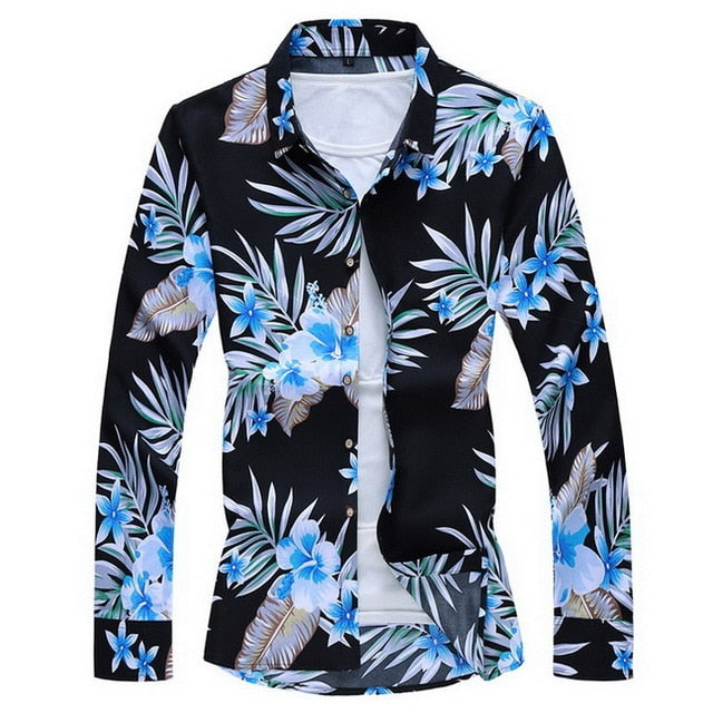 2020 Autumn Spring Clothes Shirt Men Long Sleeves Big Size M-5XL 6XL 7XL Print Hawaiian Beach Casual Floral Shirt For Man