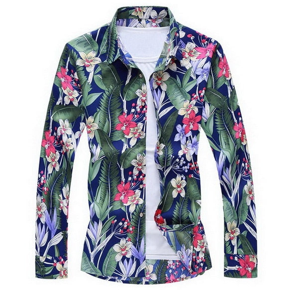 2020 Autumn Spring Clothes Shirt Men Long Sleeves Big Size M-5XL 6XL 7XL Print Hawaiian Beach Casual Floral Shirt For Man