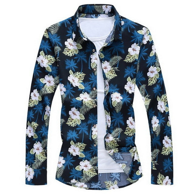 2020 Autumn Spring Clothes Shirt Men Long Sleeves Big Size M-5XL 6XL 7XL Print Hawaiian Beach Casual Floral Shirt For Man