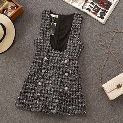 2020 Autumn Winter 2 Piece Set Overalls Dress Women Elegant Ruffles Chiffon Bow Shirt Top+Double Breasted Plaid Tweed Vest Dress