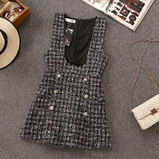 2020 Autumn Winter 2 Piece Set Overalls Dress Women Elegant Ruffles Chiffon Bow Shirt Top+Double Breasted Plaid Tweed Vest Dress