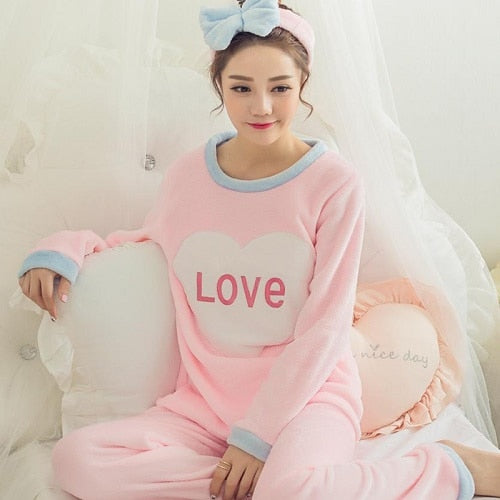 2020 Autumn Winter Women Pajamas Set Sleep Jacket Pant Sleepwear Warm Nightgown Female Cartoon Bear Animal Pants Sleepwear