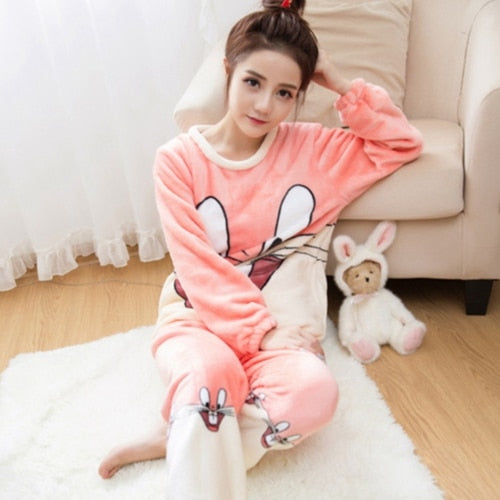 2020 Autumn Winter Women Pajamas Set Sleep Jacket Pant Sleepwear Warm Nightgown Female Cartoon Bear Animal Pants Sleepwear