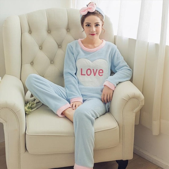 2020 Autumn Winter Women Pajamas Set Sleep Jacket Pant Sleepwear Warm Nightgown Female Cartoon Bear Animal Pants Sleepwear