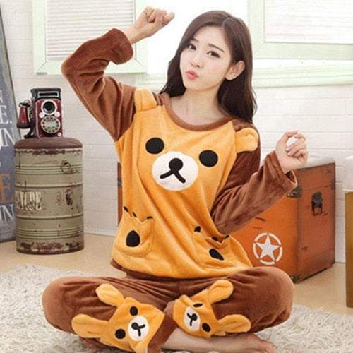 2020 Autumn Winter Women Pajamas Set Sleep Jacket Pant Sleepwear Warm Nightgown Female Cartoon Bear Animal Pants Sleepwear