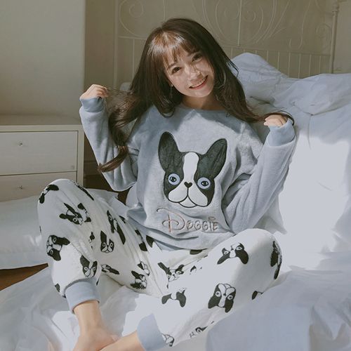 2020 Autumn Winter Women Pajamas Set Sleep Jacket Pant Sleepwear Warm Nightgown Female Cartoon Bear Animal Pants Sleepwear