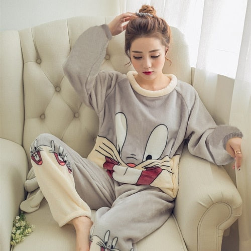 2020 Autumn Winter Women Pajamas Set Sleep Jacket Pant Sleepwear Warm Nightgown Female Cartoon Bear Animal Pants Sleepwear