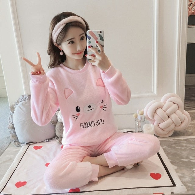 2020 Autumn Winter Women Pajamas Set Sleep Jacket Pant Sleepwear Warm Nightgown Female Cartoon Bear Animal Pants Sleepwear