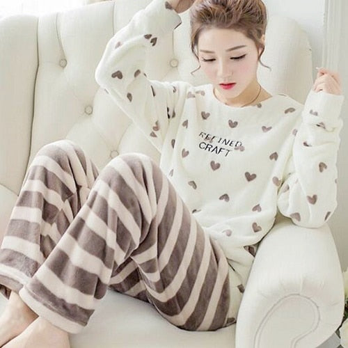 2020 Autumn Winter Women Pajamas Set Sleep Jacket Pant Sleepwear Warm Nightgown Female Cartoon Bear Animal Pants Sleepwear