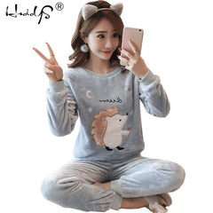 2020 Autumn Winter Women Pajamas Set Sleep Jacket Pant Sleepwear Warm Nightgown Female Cartoon Bear Animal Pants Sleepwear