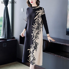 2020 Autumn Winter Women Print Cashmere O Neck Knitted Patchwork Dress Plus Size Female Loose Tricot Pullovers Sweater Dresses