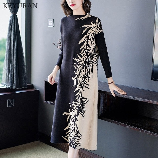2020 Autumn Winter Women Print Cashmere O Neck Knitted Patchwork Dress Plus Size Female Loose Tricot Pullovers Sweater Dresses