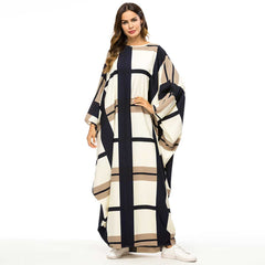 2020 Bat Shape Dress Gowns for Women Fashion Plaid Color Block Muslim Robes Oversized Bat Sleeve Maxi Vestidos Big Size VKDR1457