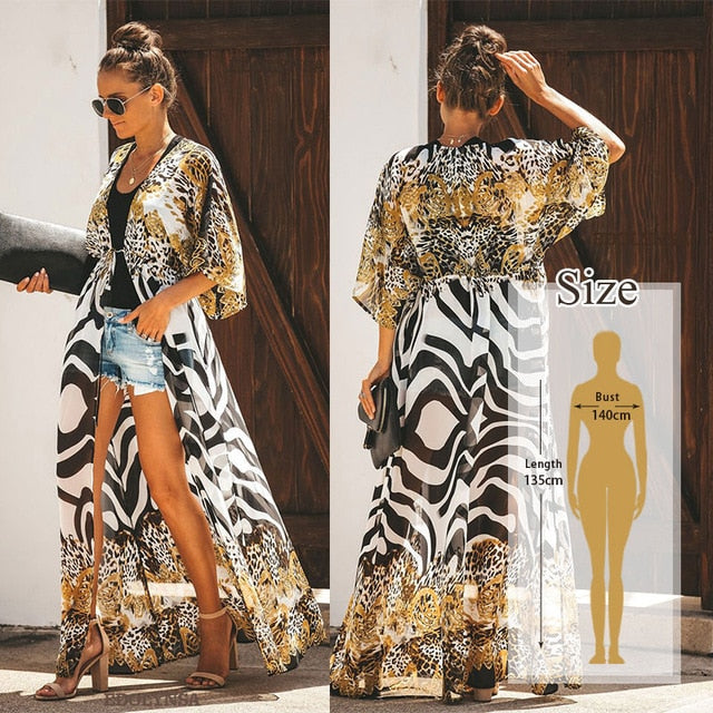 2020 Bikini Cover-ups Bohemian Printed Long Kimono Cardigan Plus Size Chiffon Tunic Women Beach Wear Swim Suit Cover Up Q912