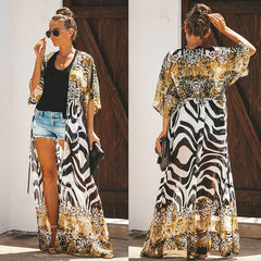 2020 Bikini Cover-ups Bohemian Printed Long Kimono Cardigan Plus Size Chiffon Tunic Women Beach Wear Swim Suit Cover Up Q912