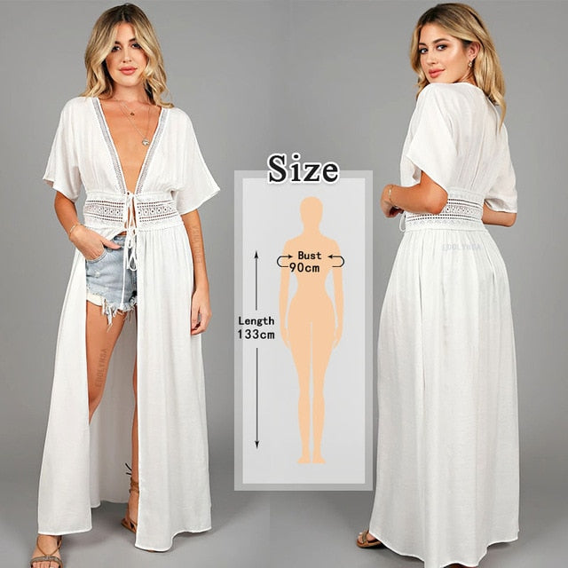 2020 Bikini Cover-ups Kimono Cardigan Sexy Hollow Out Summer Dress White Cotton Tunic Women Beach Wear Swim Suit Cover Up Q964