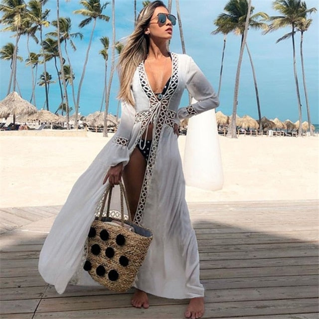 2020 Bikini Cover-ups Kimono Cardigan Sexy Hollow Out Summer Dress White Cotton Tunic Women Beach Wear Swim Suit Cover Up Q964