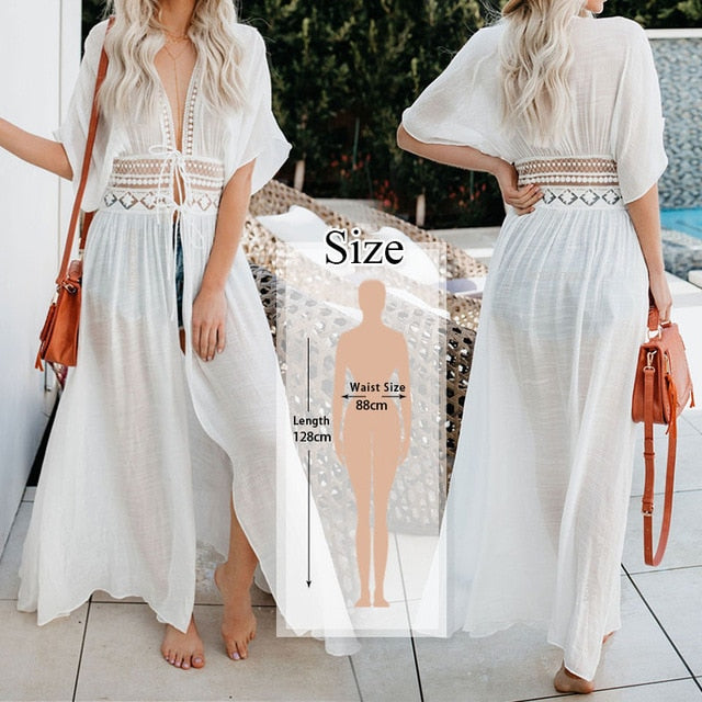 2020 Bikini Cover-ups Kimono Cardigan Sexy Hollow Out Summer Dress White Cotton Tunic Women Beach Wear Swim Suit Cover Up Q964