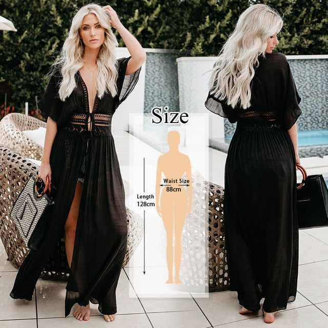 2020 Bikini Cover-ups Kimono Cardigan Sexy Hollow Out Summer Dress White Cotton Tunic Women Beach Wear Swim Suit Cover Up Q964