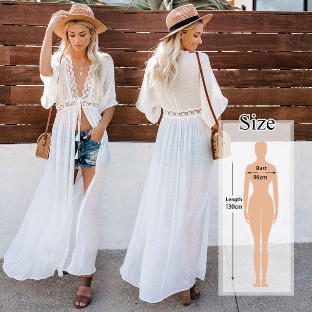 2020 Bikini Cover-ups Kimono Cardigan Sexy Hollow Out Summer Dress White Cotton Tunic Women Beach Wear Swim Suit Cover Up Q964