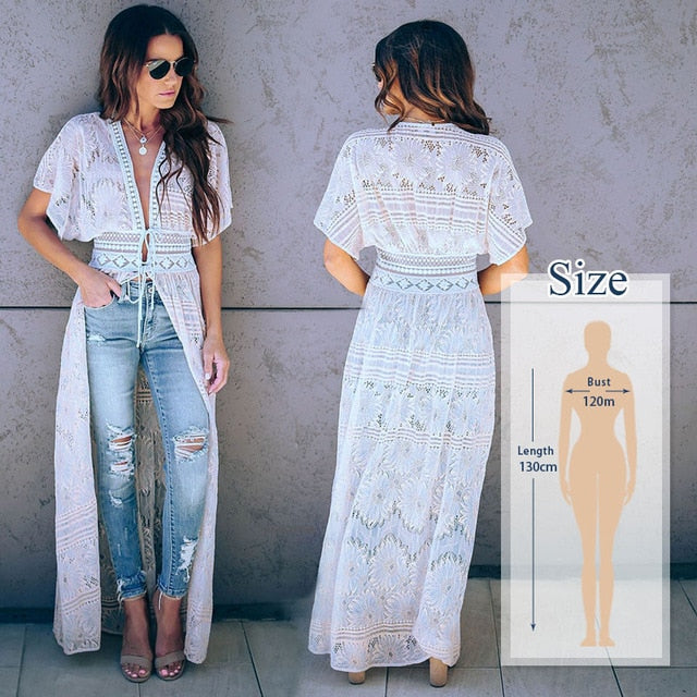 2020 Bikini Cover-ups Kimono Cardigan Sexy Hollow Out Summer Dress White Cotton Tunic Women Beach Wear Swim Suit Cover Up Q964