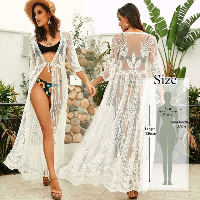 2020 Bikini Cover-ups Kimono Cardigan Sexy Hollow Out Summer Dress White Cotton Tunic Women Beach Wear Swim Suit Cover Up Q964