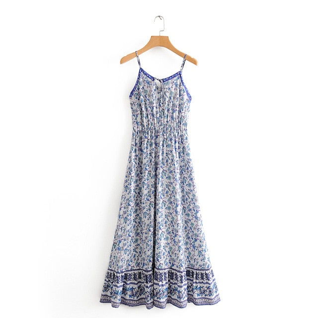 2020 Blue Floral Print Backless Sexy Strap Maxi Dress Summer Sleeveless Vintage Cami Vestidos Beach Boho Women Slip Party Wear