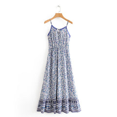 2020 Blue Floral Print Backless Sexy Strap Maxi Dress Summer Sleeveless Vintage Cami Vestidos Beach Boho Women Slip Party Wear