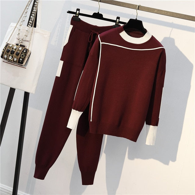 2020 autumn new women's sports suit jacket + pants two-piece large size M-4XL high quality knitted suit track suit women