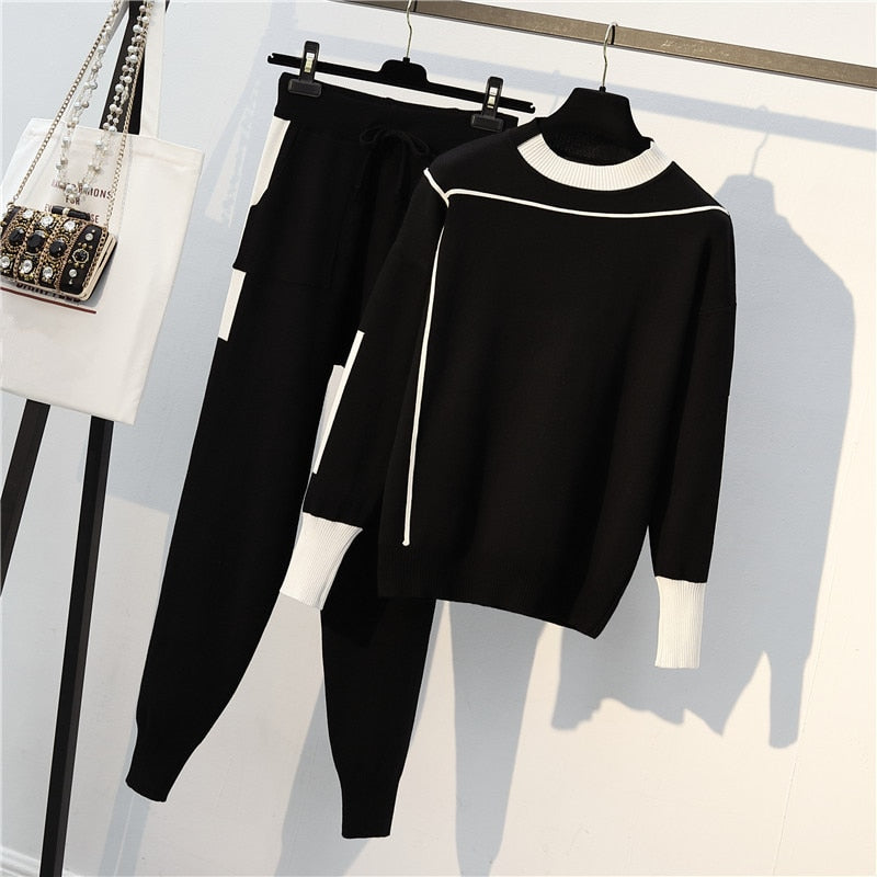 2020 autumn new women's sports suit jacket + pants two-piece large size M-4XL high quality knitted suit track suit women