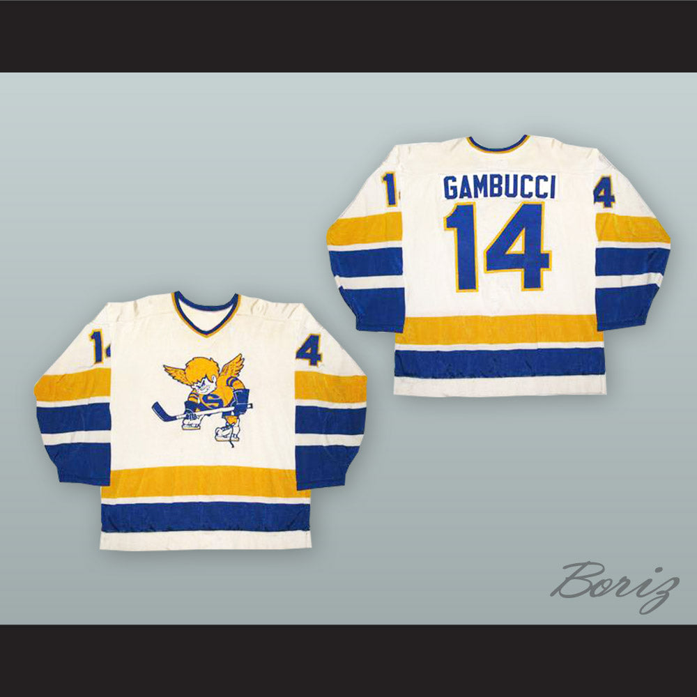 1974-75 WHA Gary Gambucci 14 Minnesota Fighting Saints White Hockey Jersey