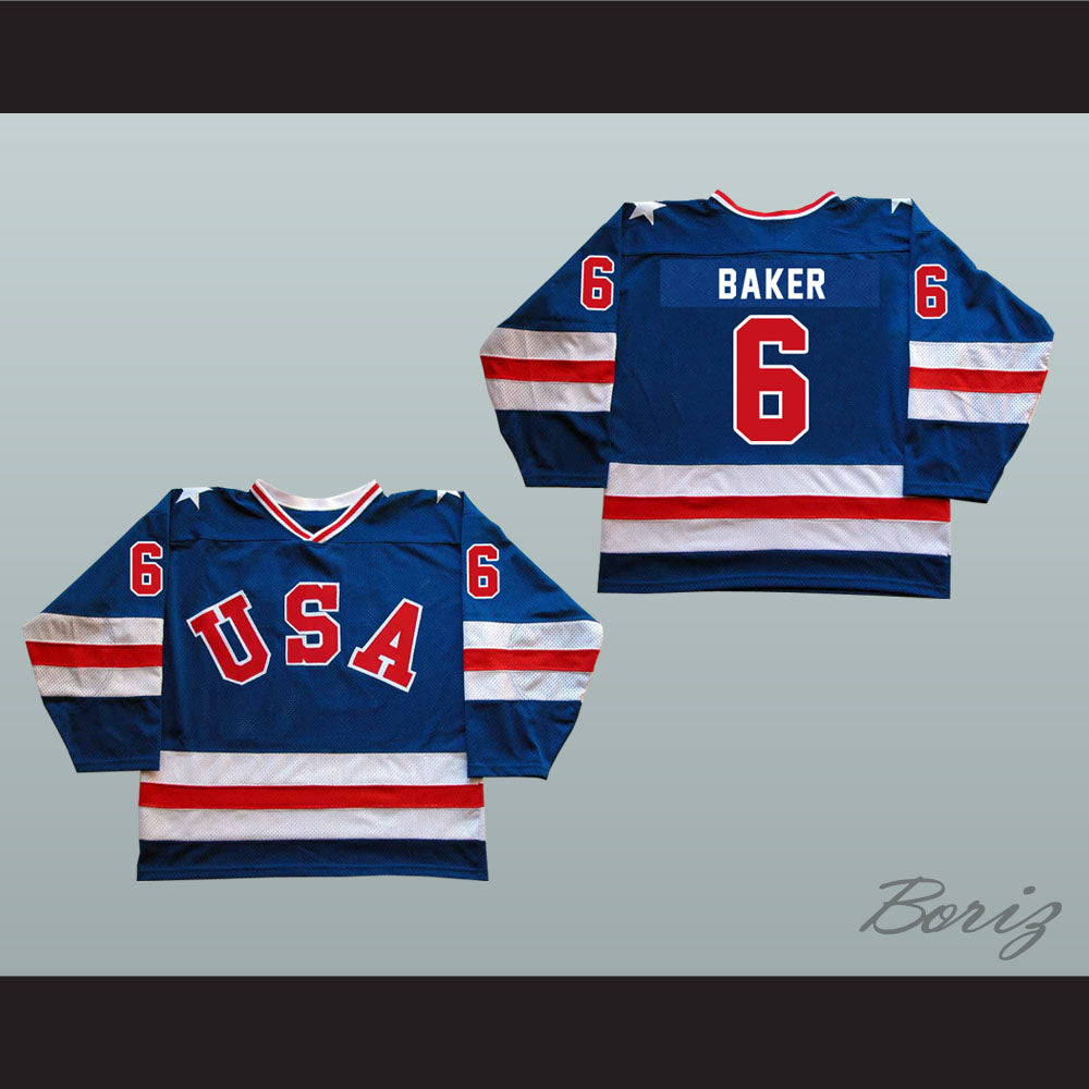 1980 Miracle On Ice Team USA Bill Baker 6 Hockey Jersey Blue