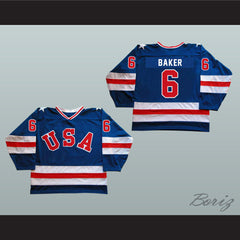 1980 Miracle On Ice Team USA Bill Baker 6 Hockey Jersey Blue
