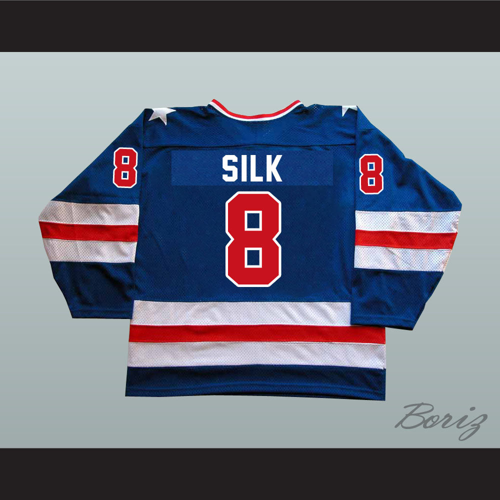 1980 Miracle On Ice Team USA Dave Silk 8 Hockey Jersey Blue