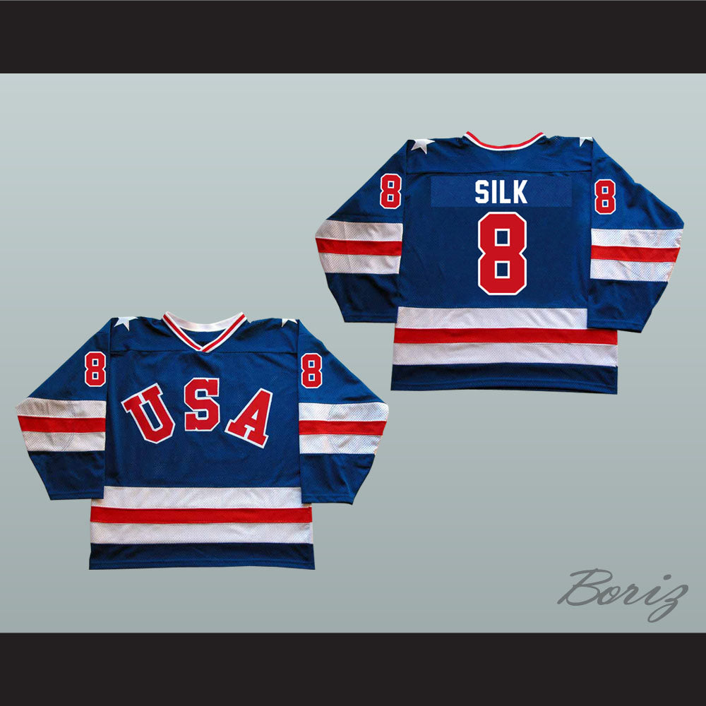 1980 Miracle On Ice Team USA Dave Silk 8 Hockey Jersey Blue