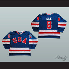 1980 Miracle On Ice Team USA Dave Silk 8 Hockey Jersey Blue