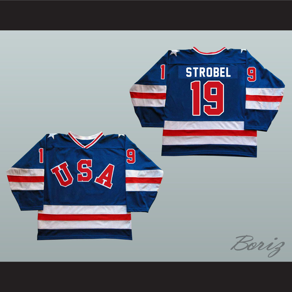 1980 Miracle On Ice Team USA Eric Strobel 19 Hockey Jersey Blue