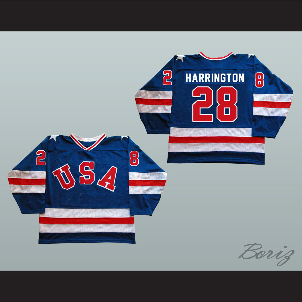 1980 Miracle On Ice Team USA John Harrington 28 Hockey Jersey Blue