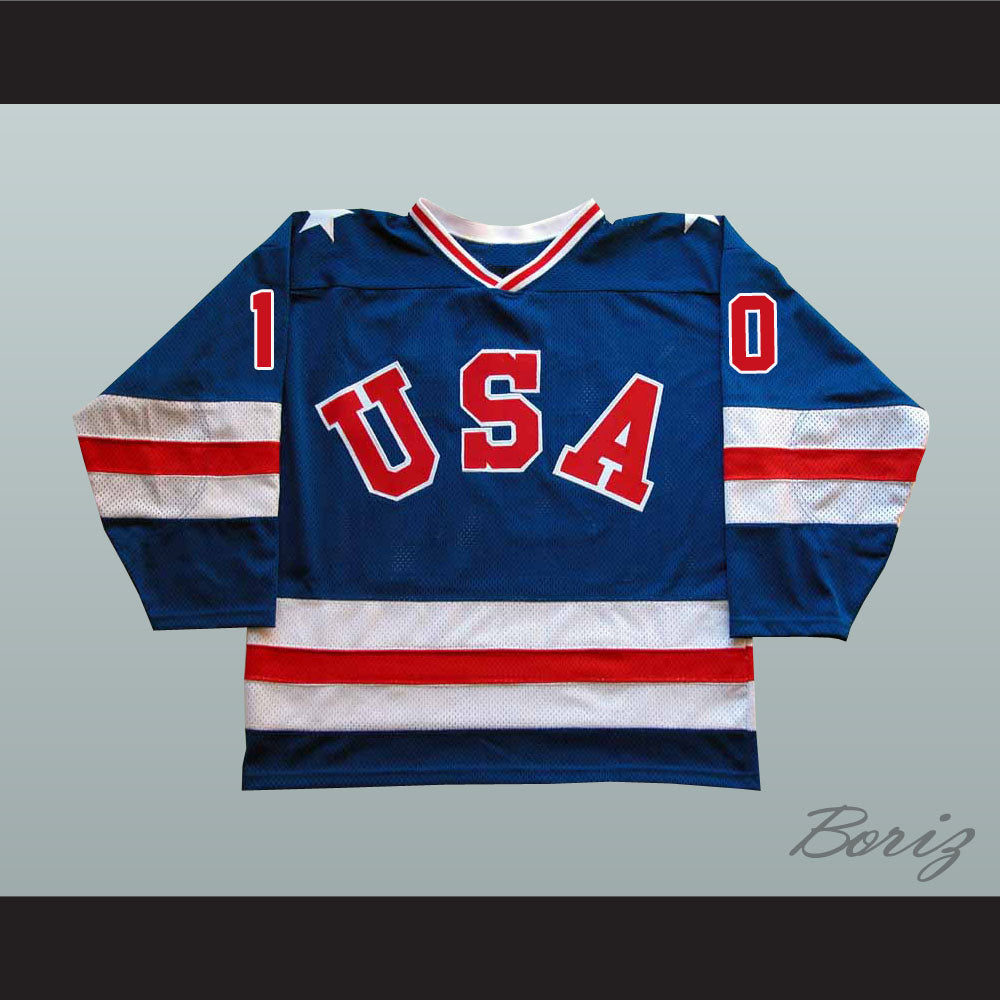 1980 Miracle On Ice Team USA Mark Johnson 10 Hockey Jersey Blue