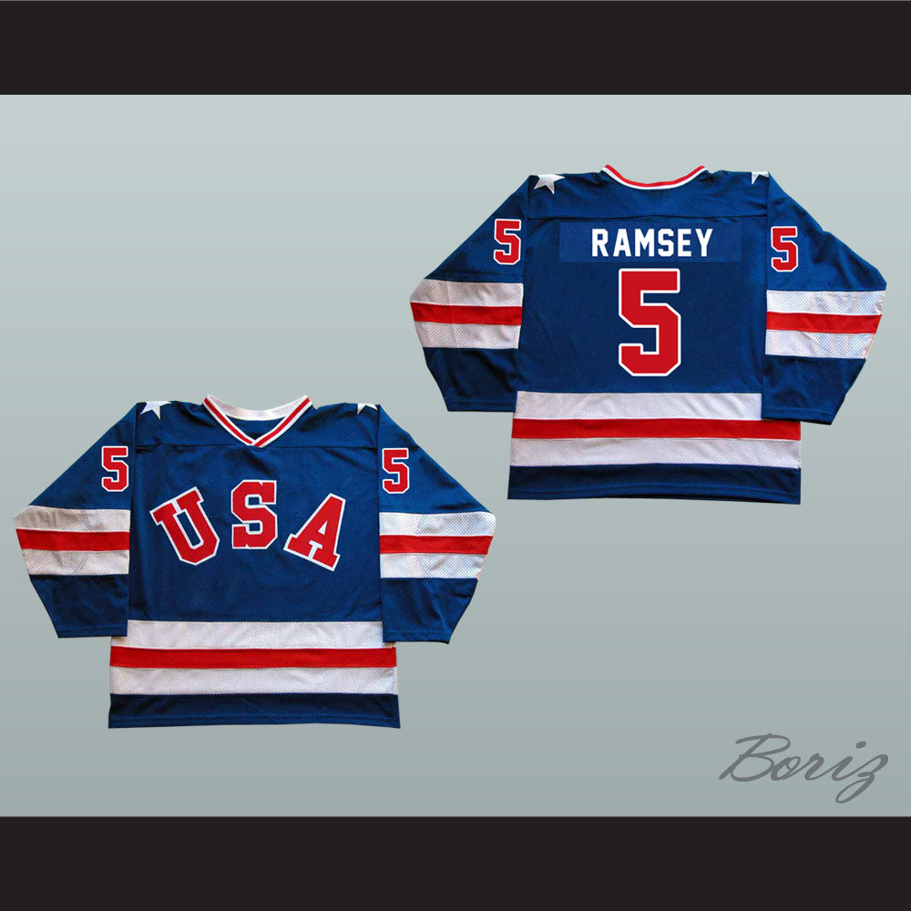 1980 Miracle On Ice Team USA Mike Ramsey 5 Hockey Jersey Blue