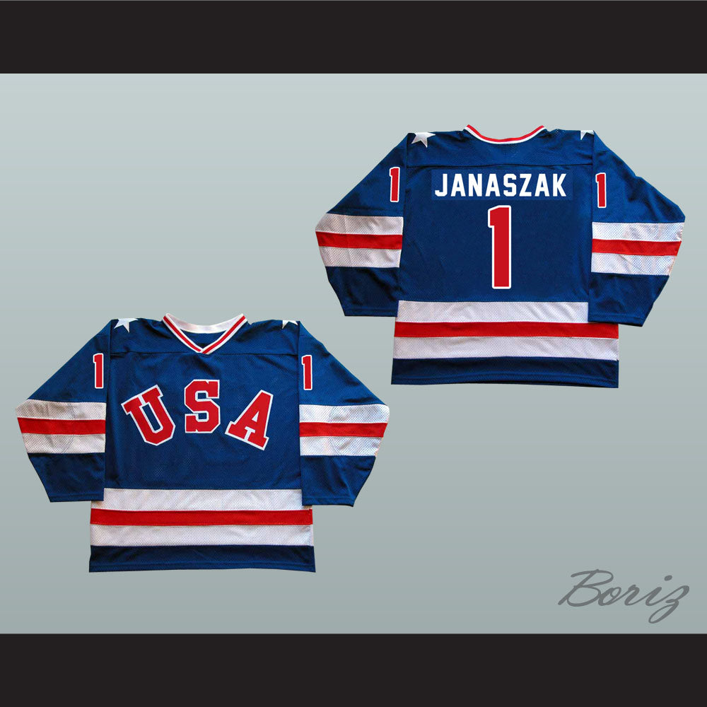 1980 Miracle On Ice Team USA Steve Janaszak 1 Hockey Jersey Blue