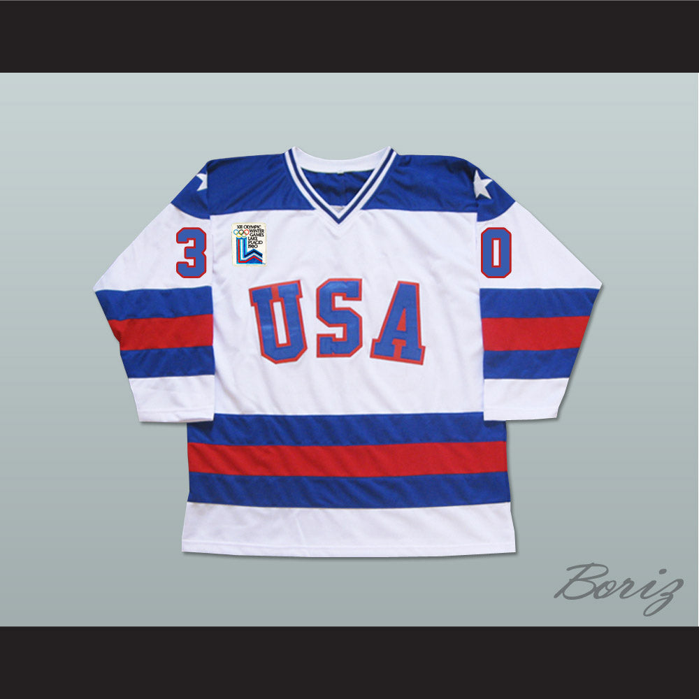 1980 Miracle On Ice Team USA Jim Craig 30 Hockey Jersey White with Patch