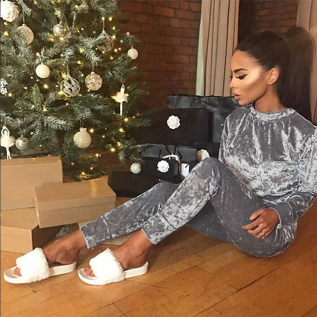 2018 Autumn Spring Plus Size Set Velvet Hoodies + Long Pants 2 Pieces Female Set Casual Tracksuit Velour Fashion Sportswear